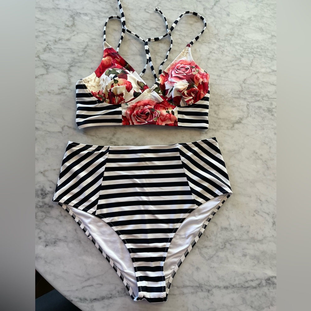 Cupshe Floral and Striped Bikini - Red and Black